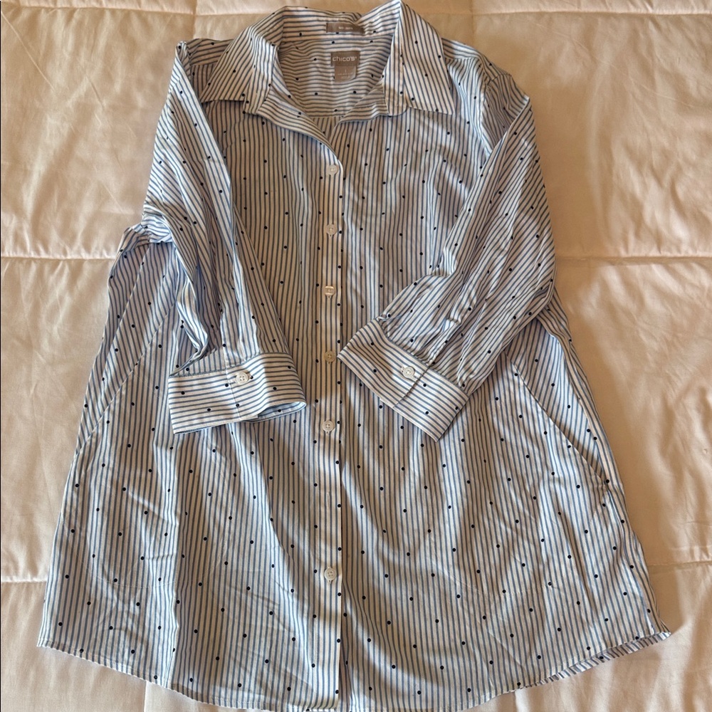 Chico's Blue and White Striped Shirt with Navy Dot Detail